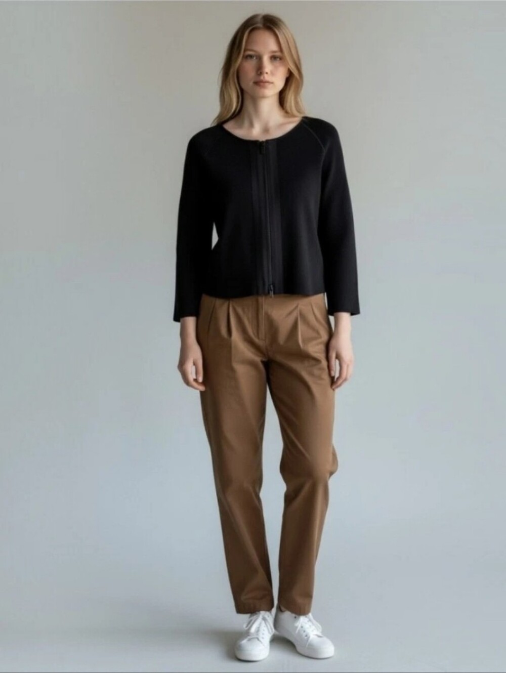 PER SE by Carlisle Black Two-Way Zip Cardigan Sweater Knit Crop Sz S Silk Blend
